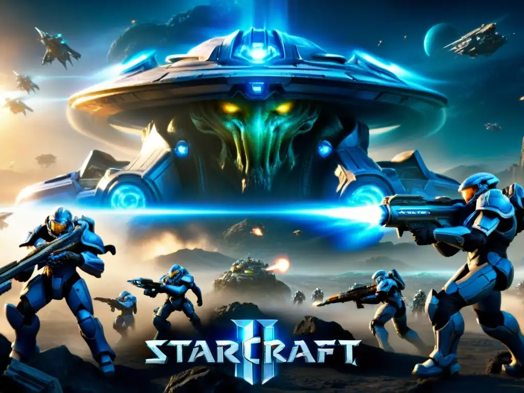 Una intensa batalla estratégica en StarCraft II entre ejércitos futuristas en un planeta alienígena