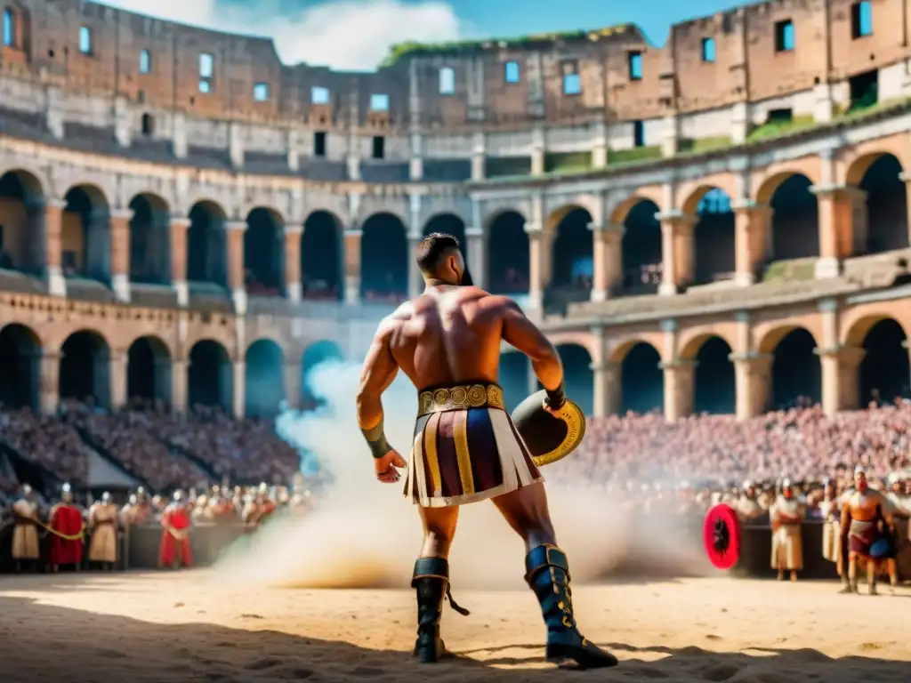 Intensa batalla de gladiadores en el Coliseo, reflejando la historia de la lucha libre en Europa