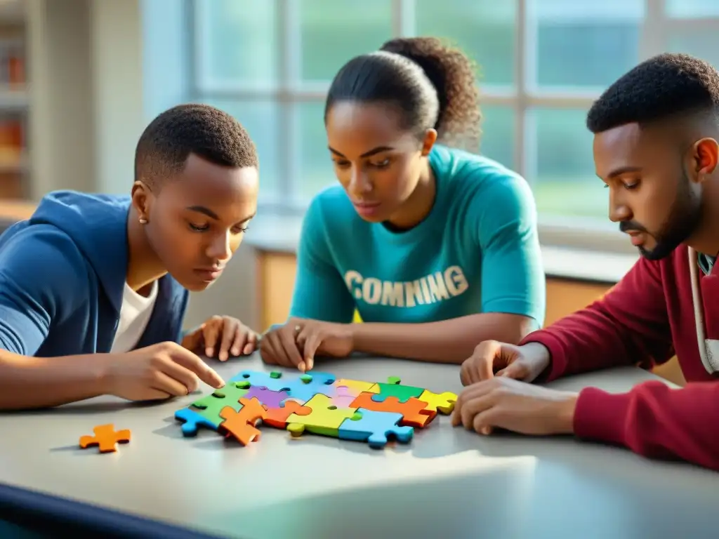 Intensa colaboración de jóvenes estudiantes resolviendo un rompecabezas, demostrando el desarrollo del pensamiento crítico en juegos