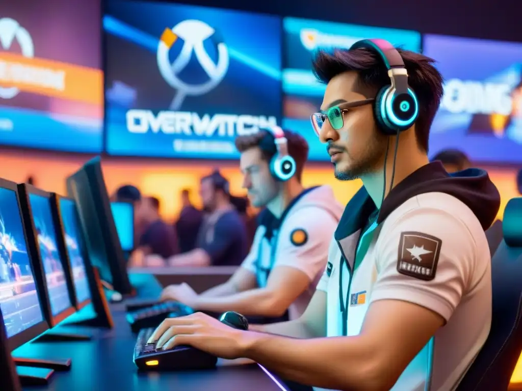 Una intensa competencia de Overwatch en un arena de esports, con jugadores de diferentes edades y culturas concentrados en sus pantallas