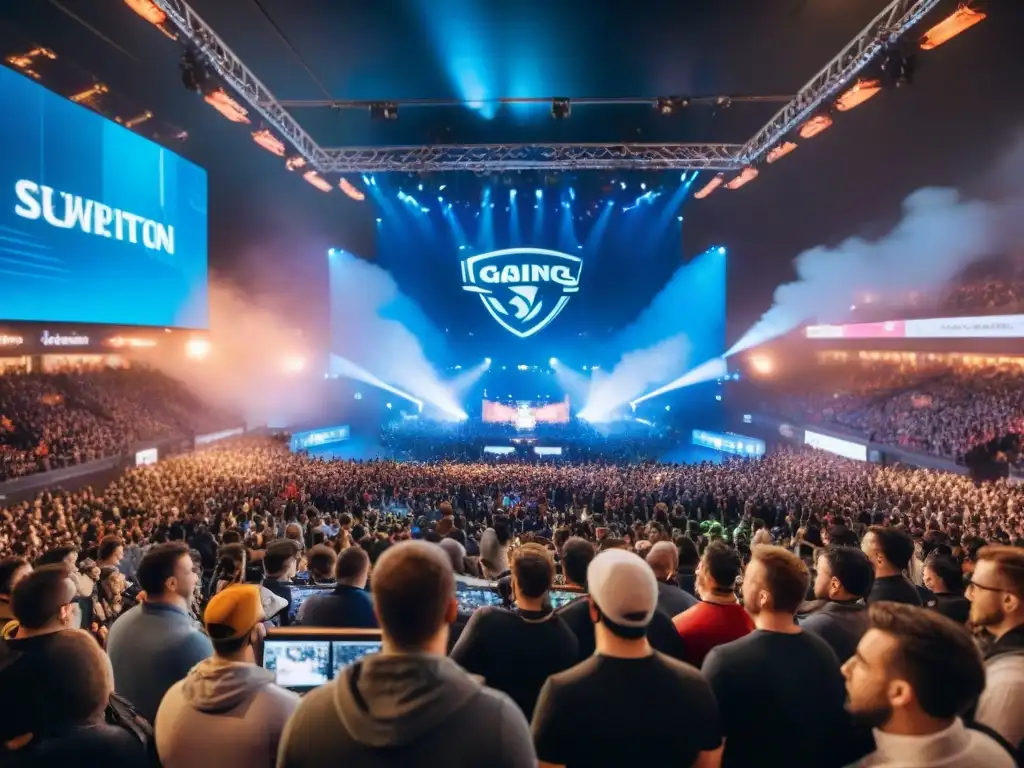 Intensa competencia de eSports en estadio lleno de fans, jugadores concentrados en pantalla y luces LED brillantes