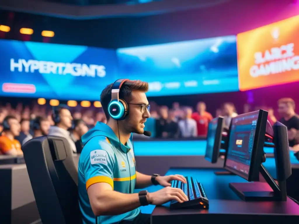 Una intensa competencia de eSports con fans emocionados y jugadores concentrados, en un ambiente eléctrico