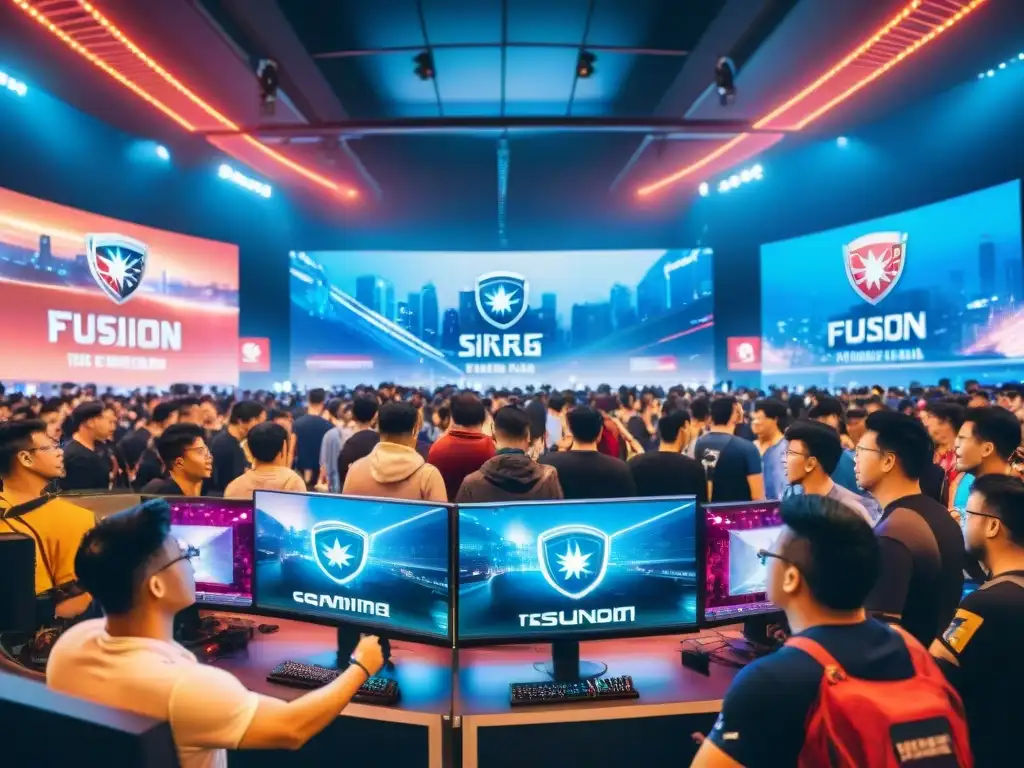 Intensa competencia en un estadio de eSports en Singapur, fusionando tecnología, espíritu competitivo y diversidad cultural