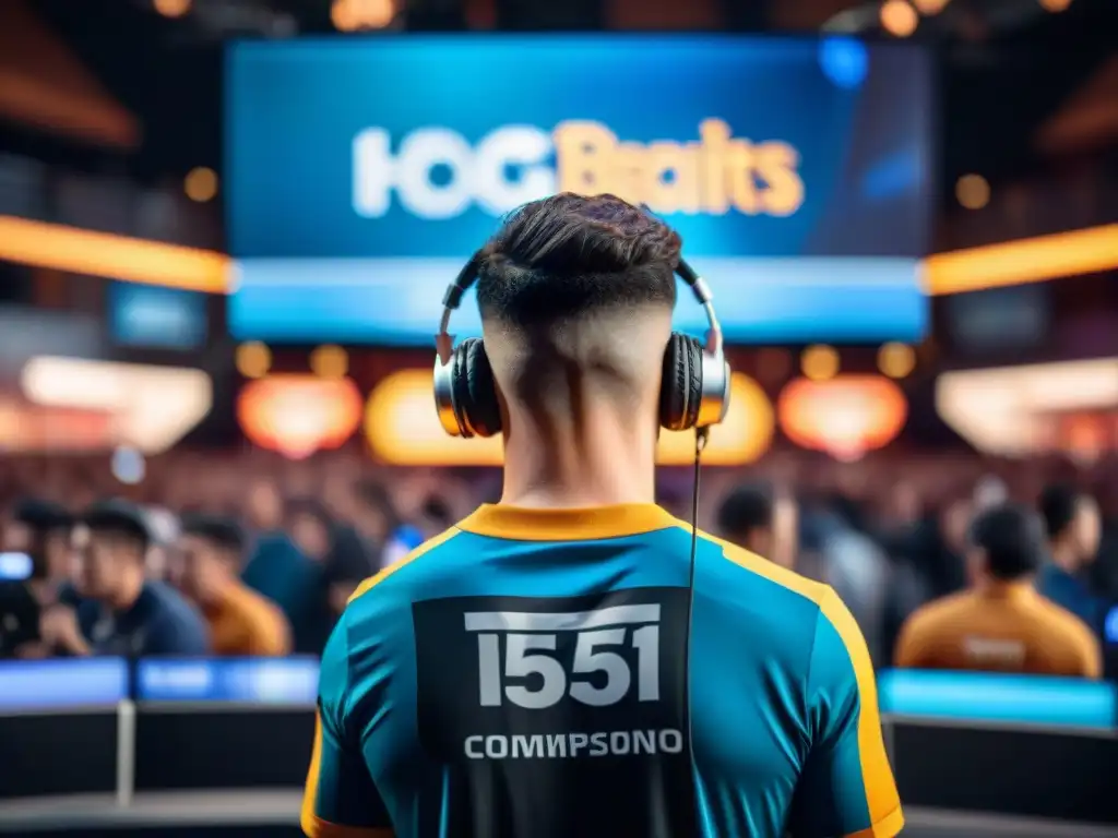 Intensa competencia en evento de esports, gamers concentrados en pantallas, banderas de equipos y público animado