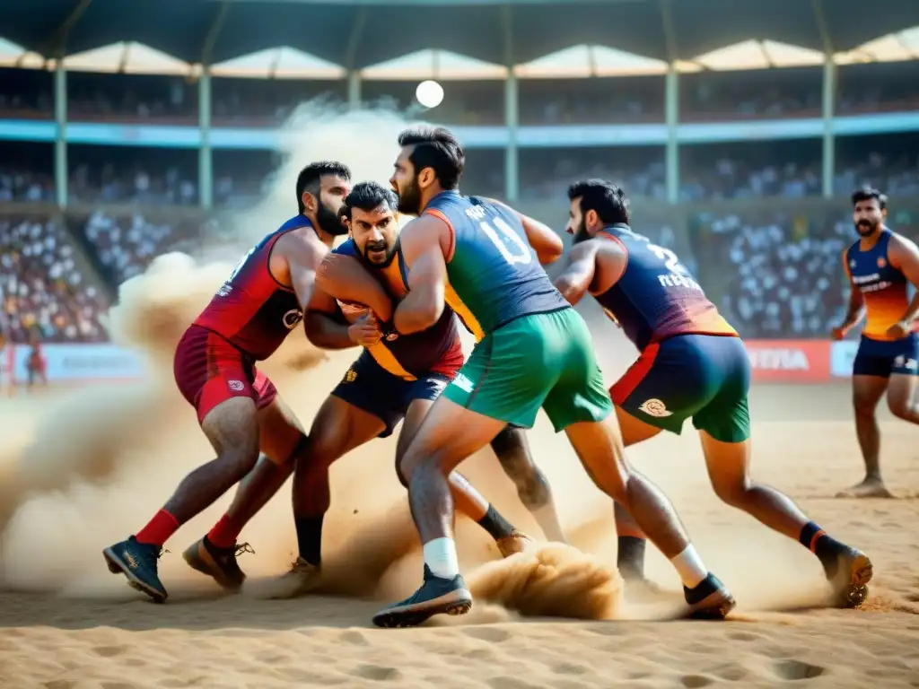 Intensa competencia de Kabaddi con jugadores luchando en polvo, reflejando la historia del Kabaddi en el mundo