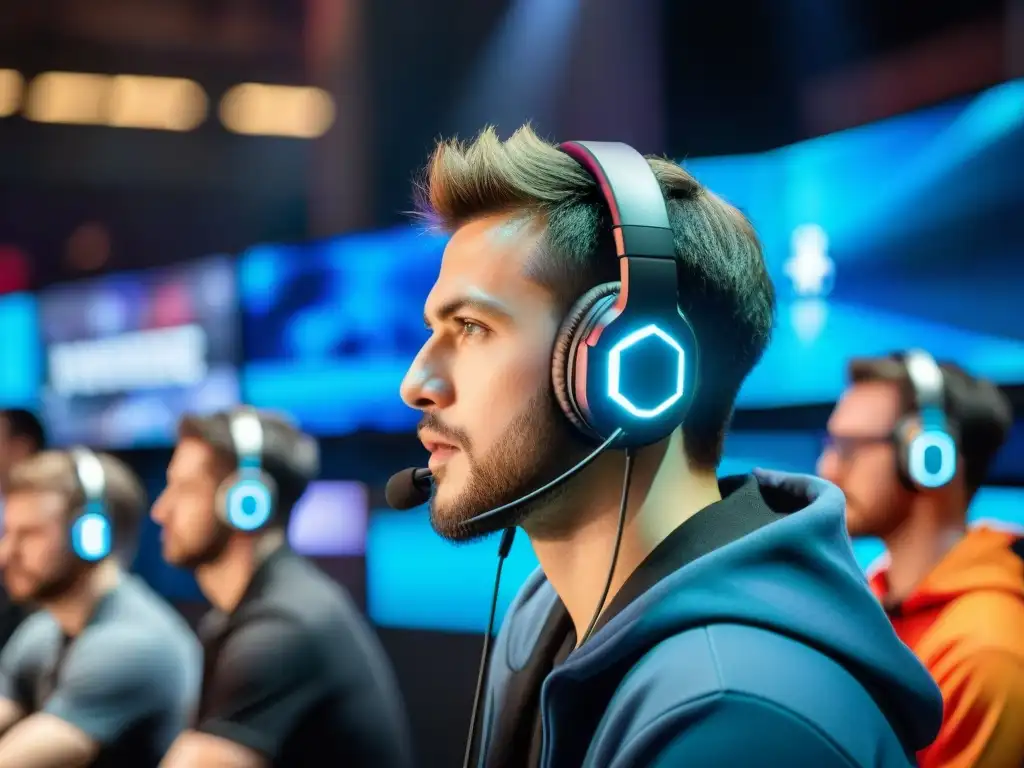 Una intensa competencia de juegos móviles en un arena de eSports, con jugadores concentrados y público emocionado