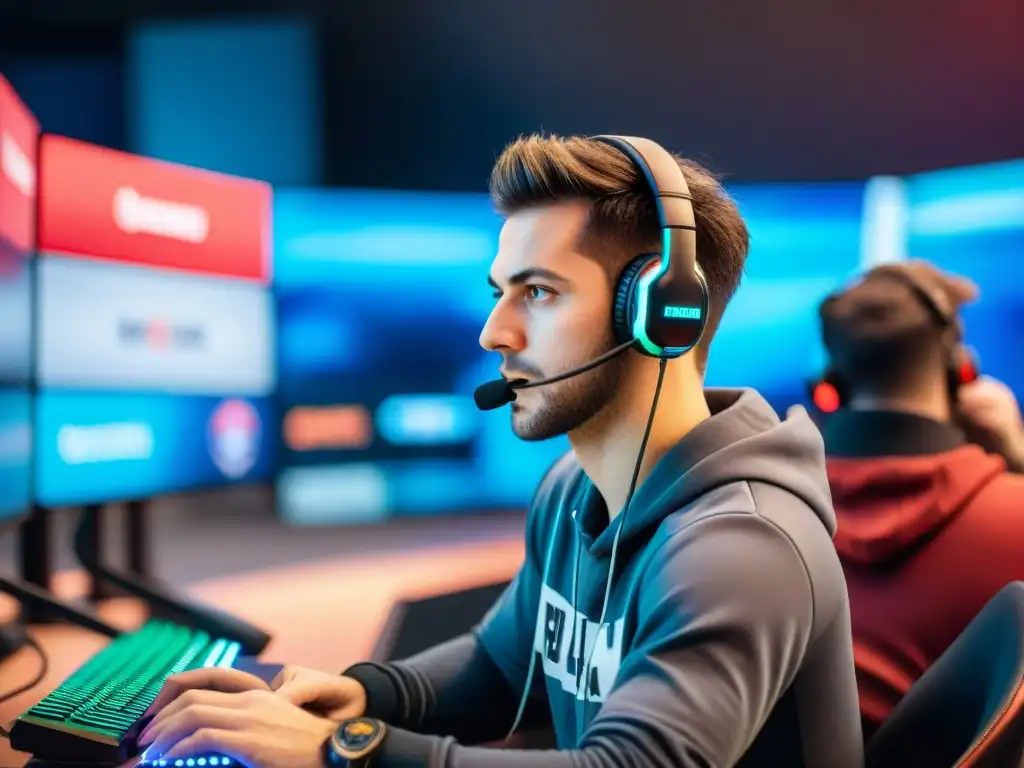 Profesionales eSports compitiendo en torneo de alto nivel Intensa competencia en torneo de eSports con jugadores diversos y equipo de vanguardia
