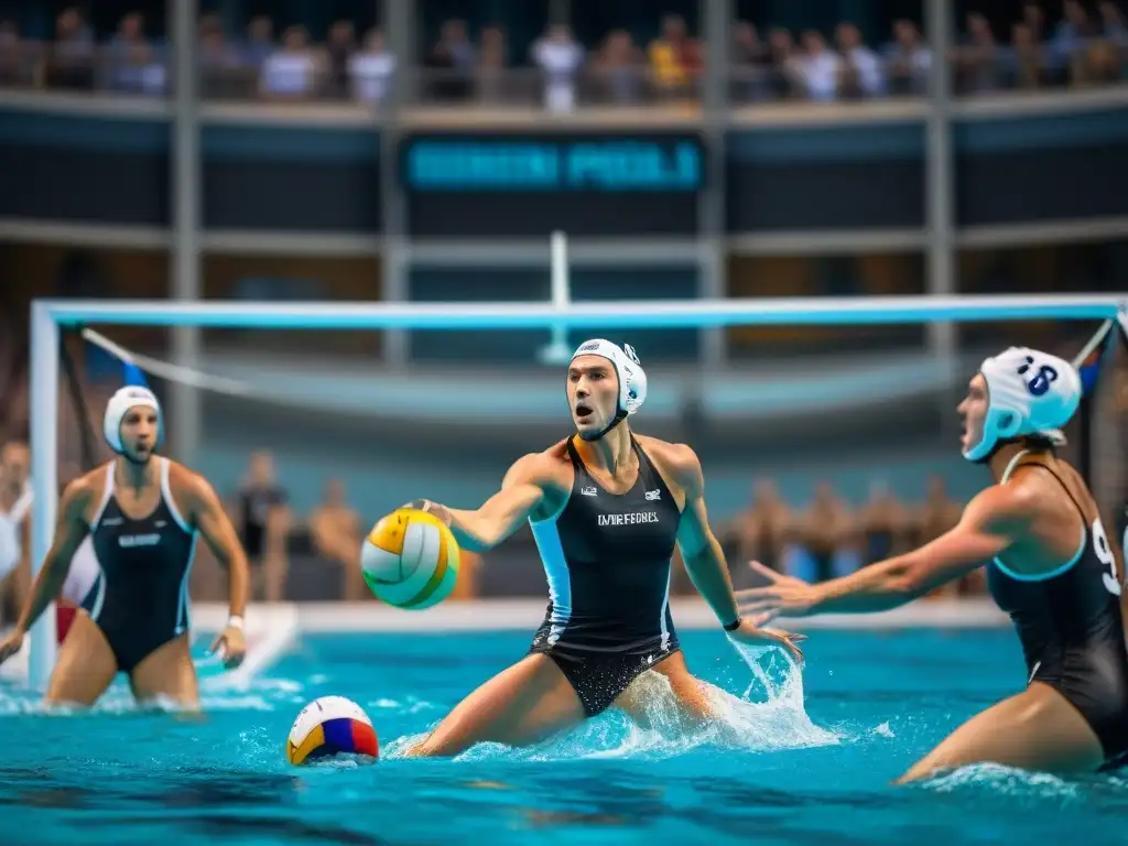 Intensa competencia de water polo en Europa, equipo vintage luchando en la piscina