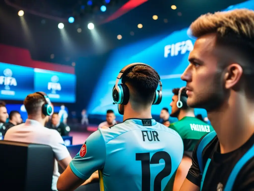 Intensa final del FIFA eWorld Cup con jugadores eSports concentrados en la competencia, rodeados de una multitud emocionada en un gran estadio