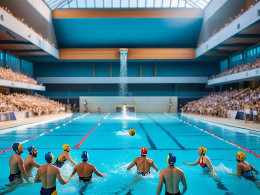 Intensa historia de polo acuático en Europa: jugadores compitiendo en piscina histórica ante espectadores