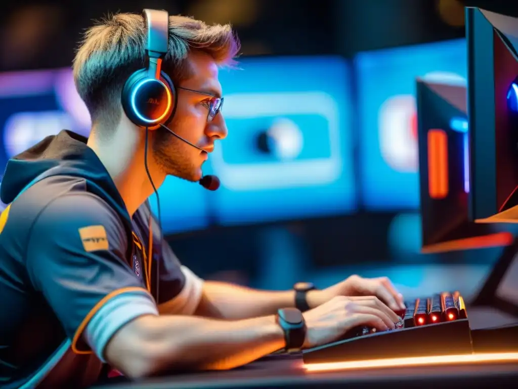 Intensa concentración de un jugador de eSports en competencia, con movimientos rápidos en ratón y teclado