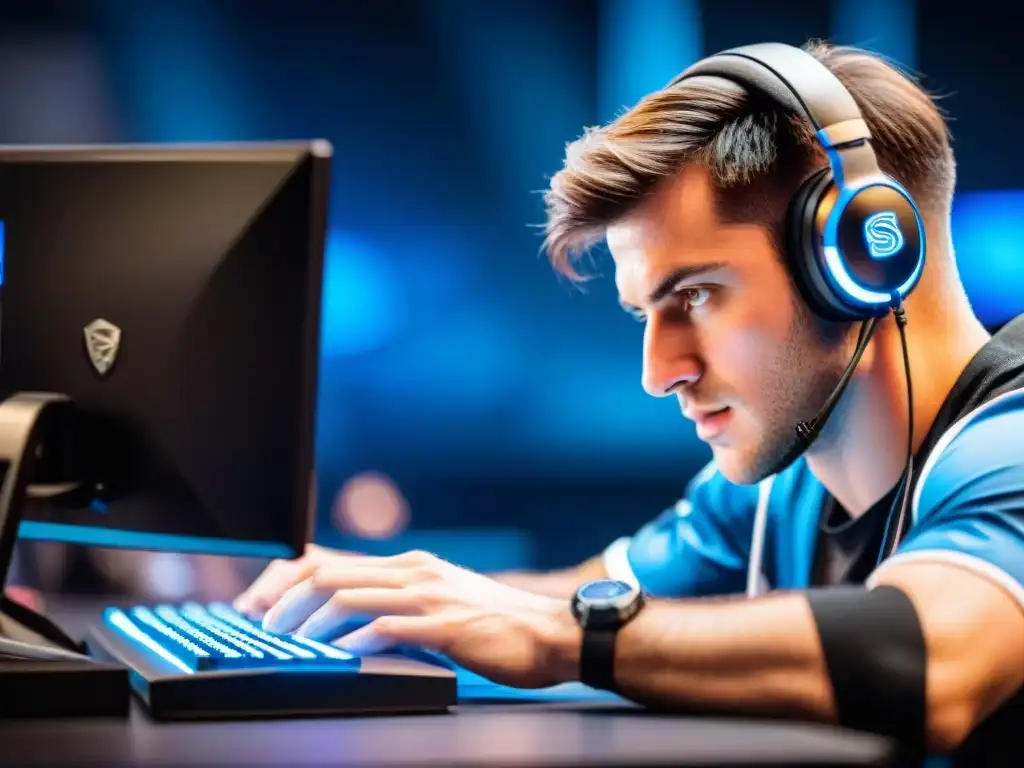 Intensa concentración de jugador eSports en torneo de alto nivel, demostrando mentalidad en eSports y rendimiento