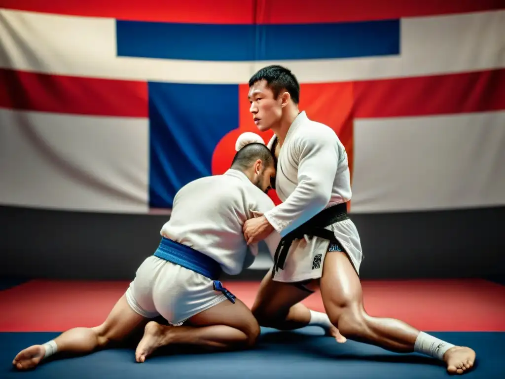 Intensa lucha de Sambo, reflejando origen y evolución del Sambo en un tapiz ruso tradicional