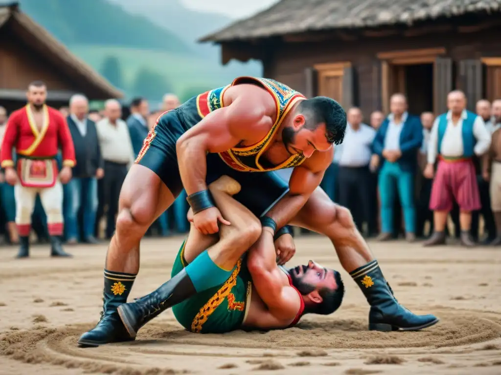 'Intensa lucha tradicional en Europa del Este: luchadores con vestimenta colorida en una plaza de pueblo histórica