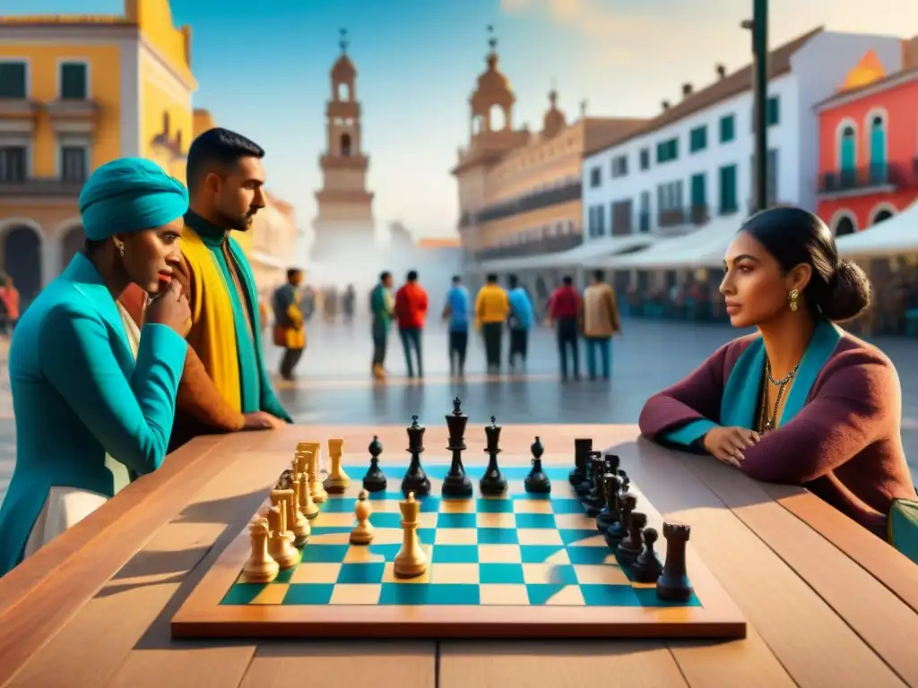 Una intensa partida de ajedrez en una plaza de América Latina, reflejando la integración social y comunitaria