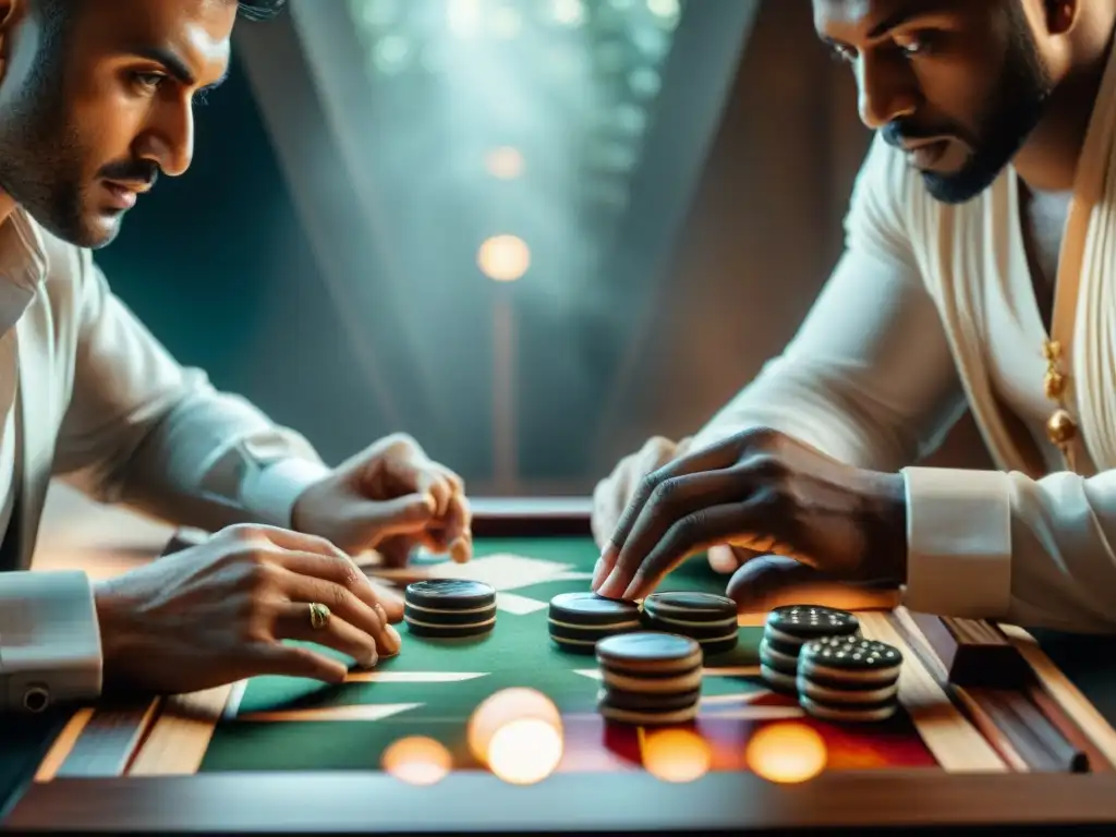 Intensa partida de backgammon entre jugadores de diversas culturas, mostrando estrategias únicas