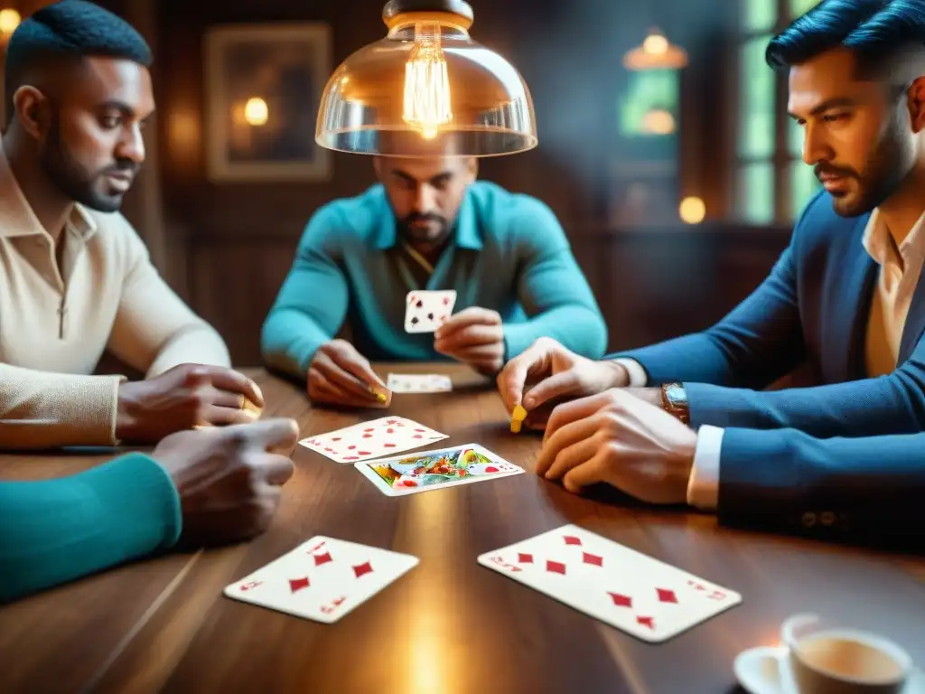 Intensa partida de cartas en mesa de madera, bajo luz cálida, reflejando la transformación digital de los juegos de cartas