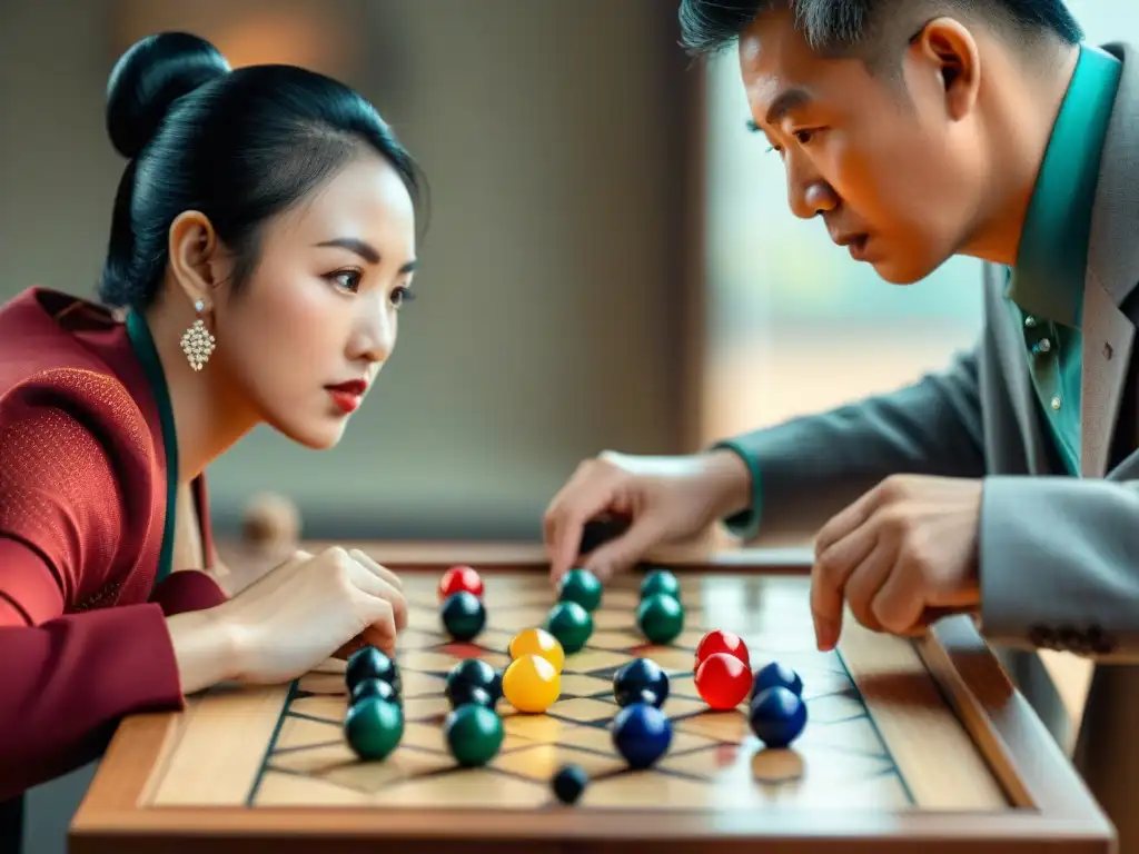 Una intensa partida de Damas Chinas con estrategias para ganar, jugadores concentrados y determinados en movimiento