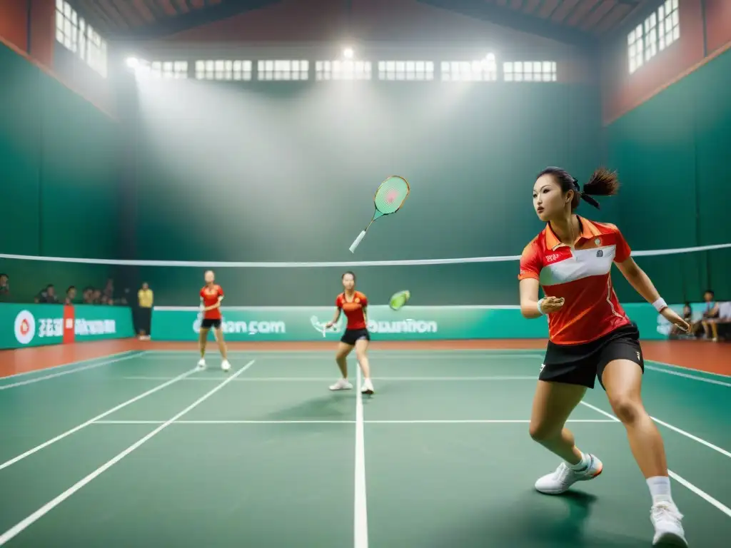 Una intensa partida dobles de bádminton en Asia, reflejando la agilidad y destreza de los jugadores