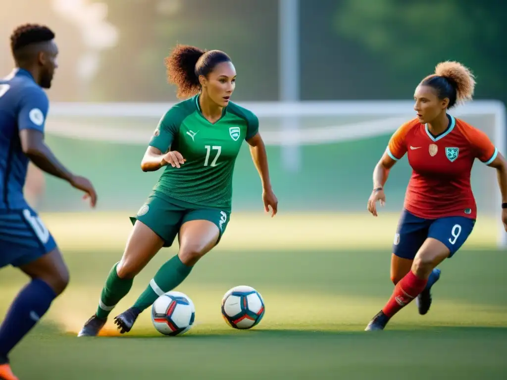 Una intensa partida de fútbol con atletas diversos y tecnología, reflejando el impacto social de la IA en los juegos deportivos