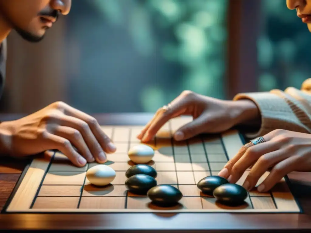 Intensa partida de Go entre dos jugadores, con piedras blancas y negras en un tablero de madera