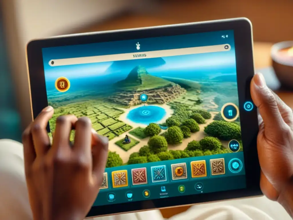 Intensa partida de Juegos de tablero africanos digitales en tablet con arte tradicional