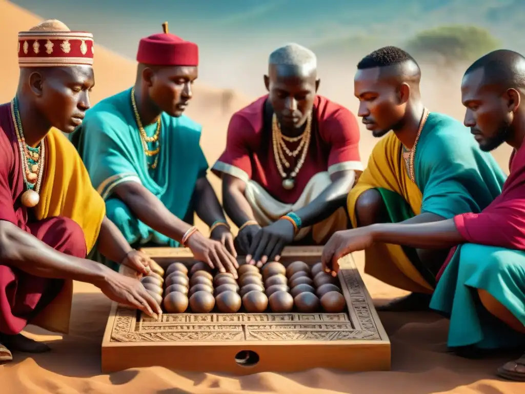 Una intensa partida de Mancala en un pueblo africano, resaltando la historia del juego y la unión comunitaria