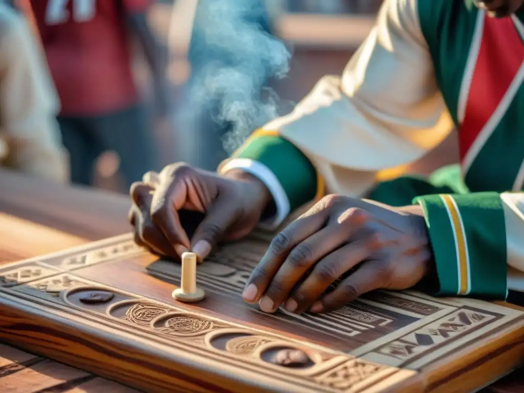 Intensa partida de Morabaraba juego tradicional Sudáfrica con jugadores concentrados en tablero tallado