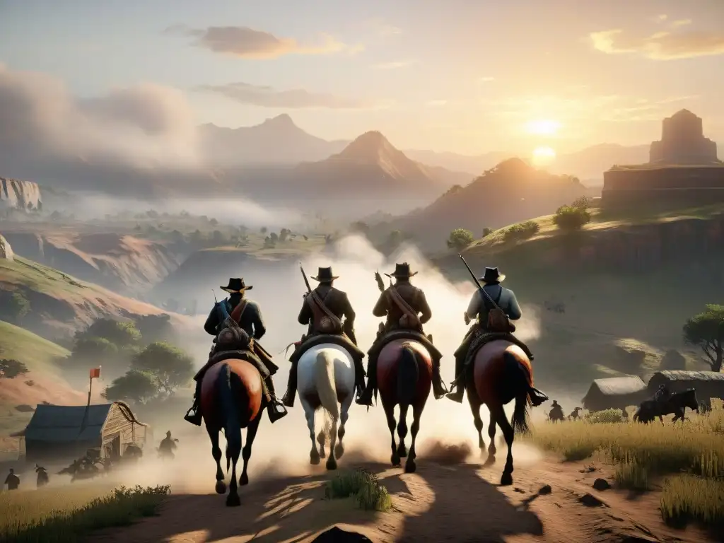 Intensa partida multijugador en Red Dead Redemption 2 al atardecer, destacando estrategia y camaradería entre jugadores