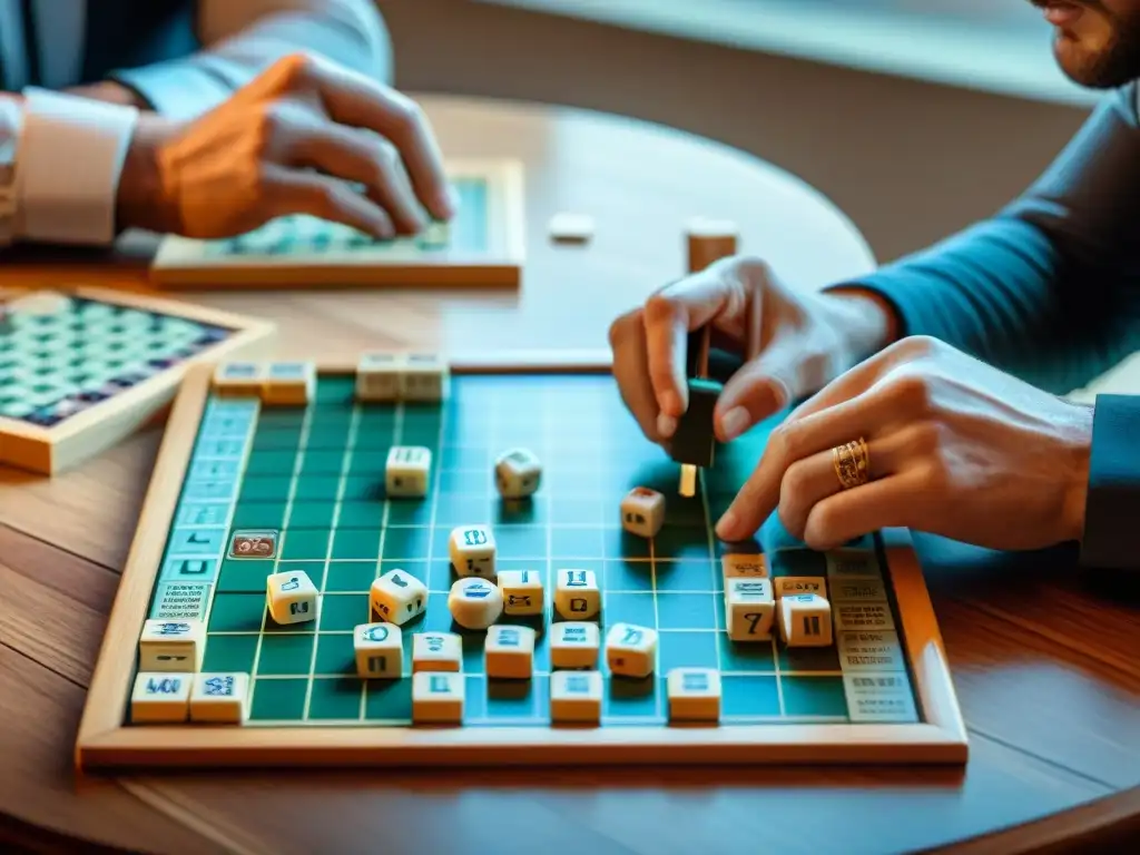 Una intensa partida de Scrabble entre una mujer de mediana edad y un joven barbudo en una mesa de madera vintage