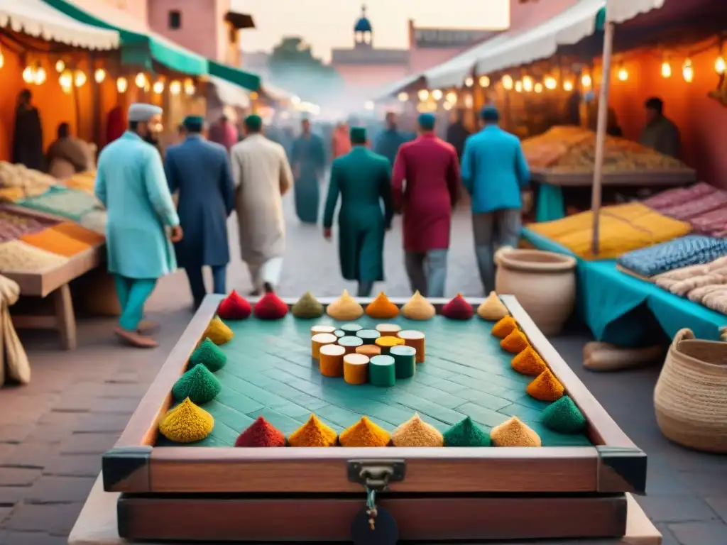 Intensa partida de juegos tradicionales de diferentes culturas en un bullicioso mercado de Marrakech, Marruecos