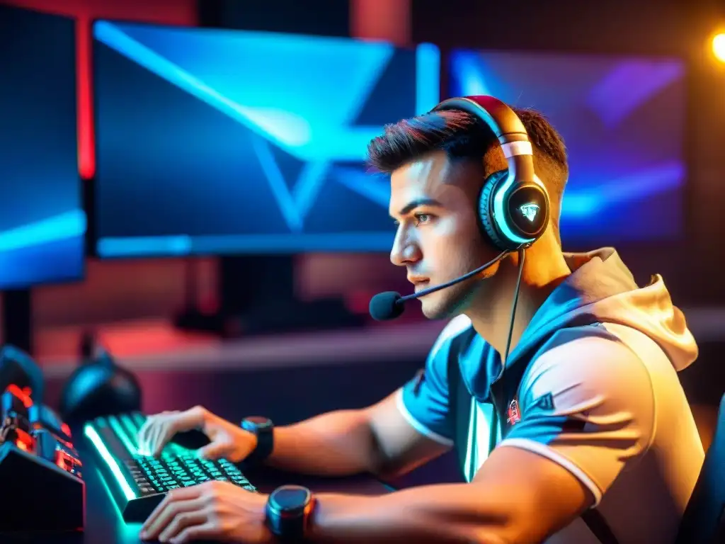 La intensa vida de un jugador profesional de eSports, concentración y determinación en su rostro mientras juega