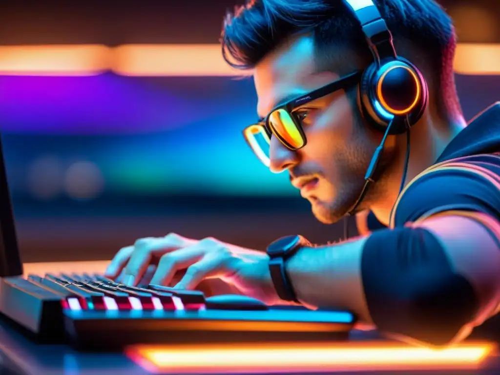 La intensa vida de un jugador profesional de eSports: manos rápidas sobre teclado y mouse, reflejo del juego en gafas