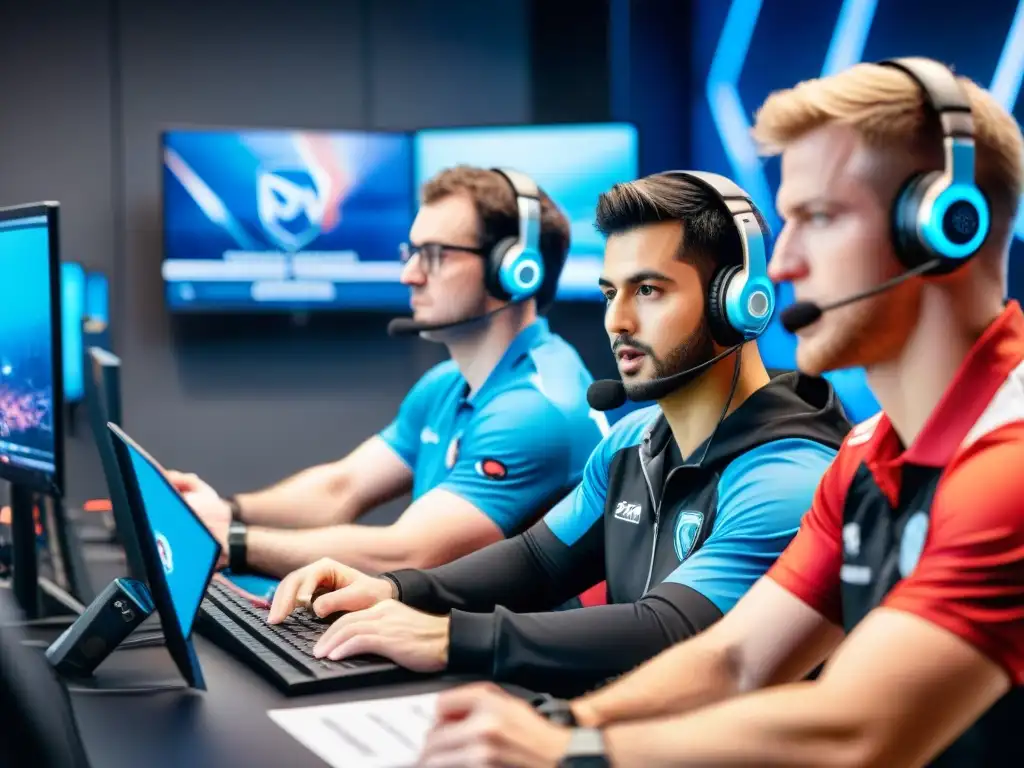 Intensas estrategias de eSports: entrenadores analizan tácticas rodeados de tecnología y banderas de equipo en sala de entrenamiento