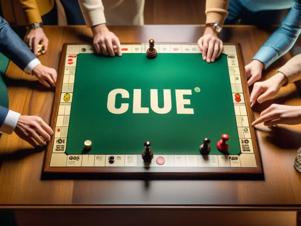 Intensas estrategias en un juego de Clue vintage, jugadores en ropa de los años 50, mezcla de suspense y determinación