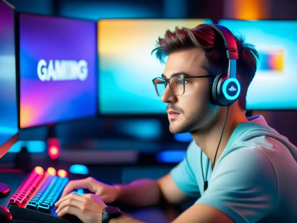 La intensidad y concentración de un streamer de videojuegos en acción, inmerso en su acogedor setup gamer