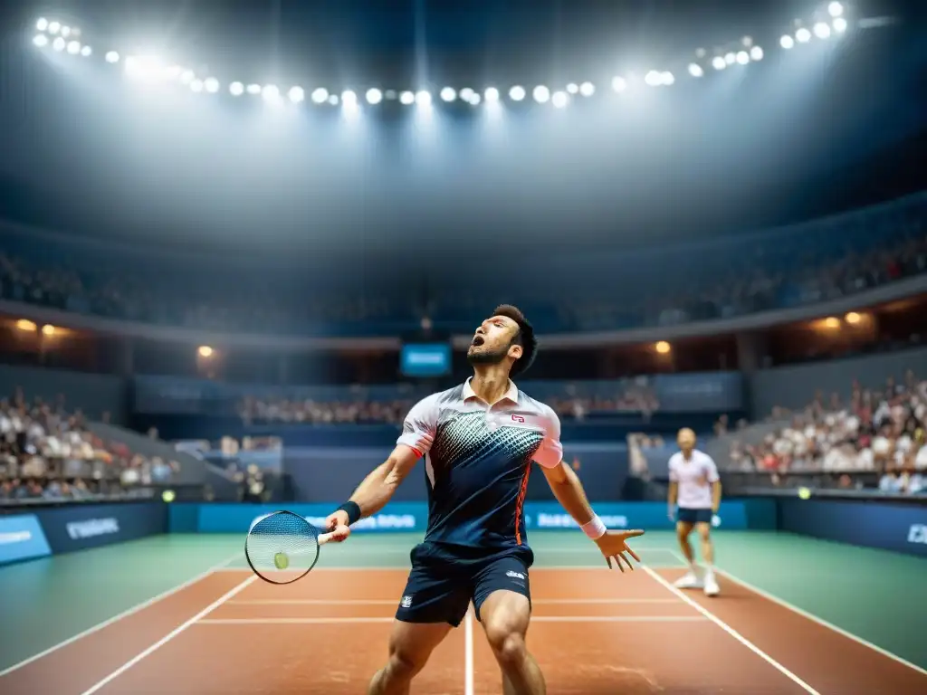 Intensidad en un crucial punto de partido de bádminton, con jugadores concentrados y sudorosos