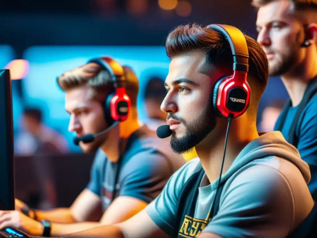 Intensidad en la escena de eSports con gamers profesionales concentrados en pantallas, rodeados de espectadores y luces