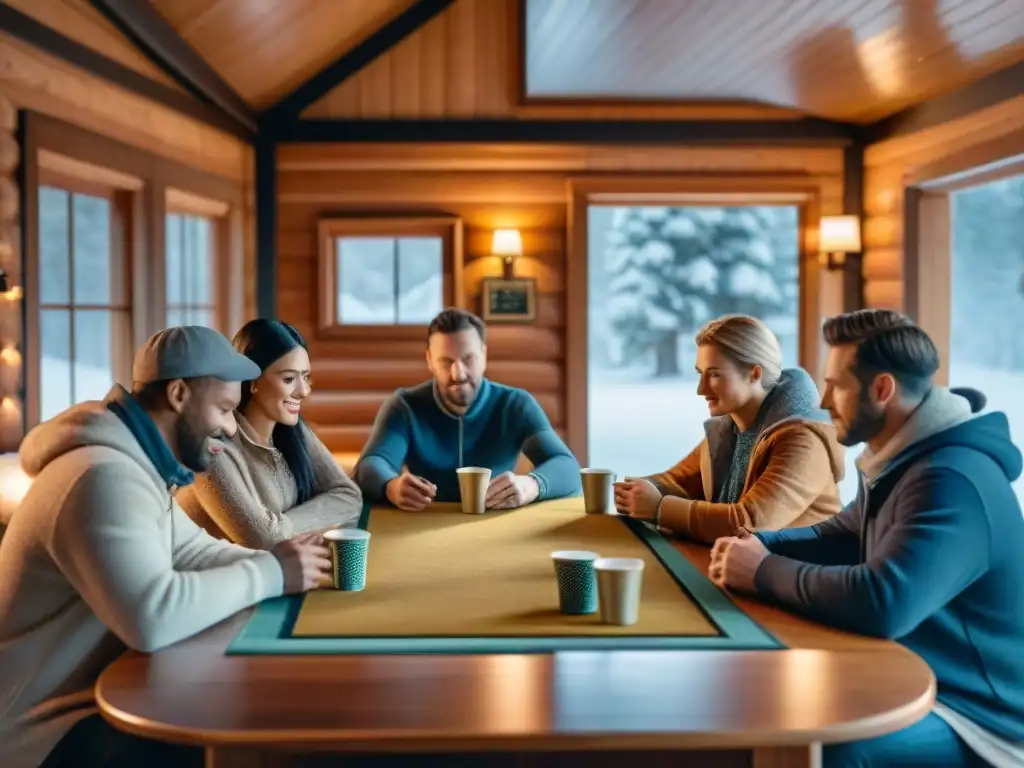 Intensidad en la historia del juego de Euchre: jugadores concentrados en una cabaña canadiense invernal, con chimenea y nieve afuera