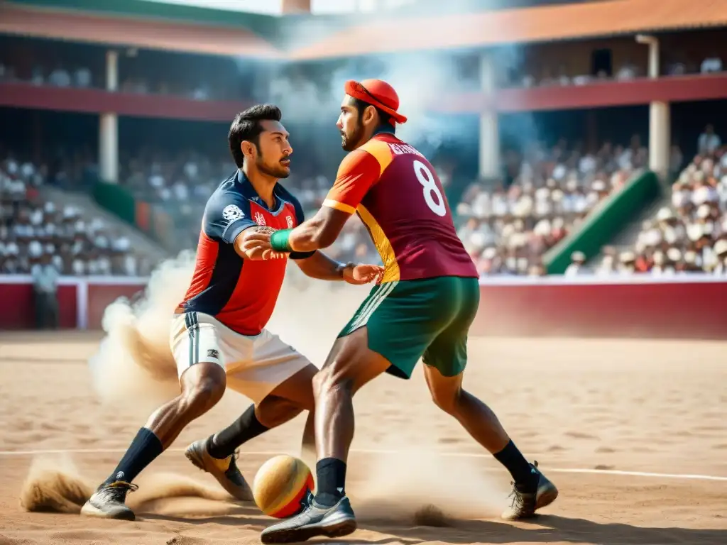 Intensidad en un juego de pelota Purépecha bajo el sol abrasador, con jugadores enfocados y coloridos