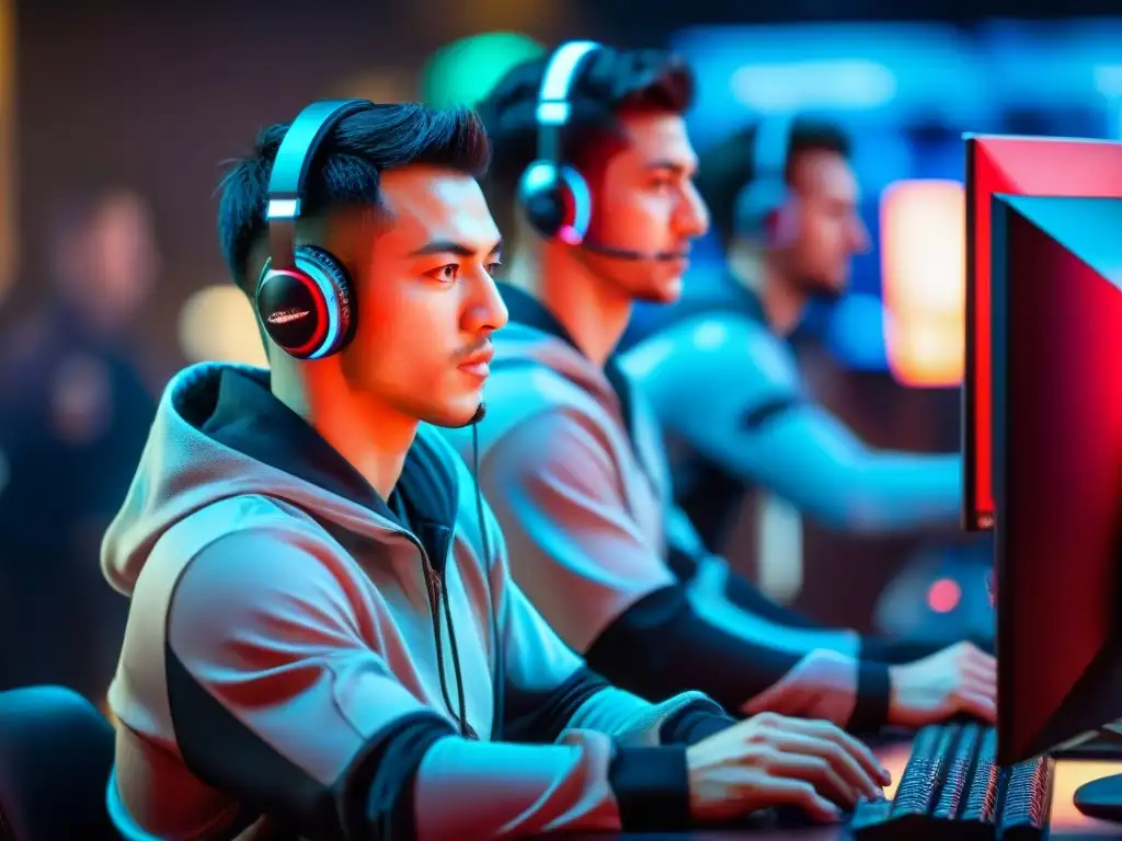 Intensidad y determinación en jugadores de eSports en torneo de alto nivel, reflejando la fusión de tecnología y espíritu competitivo