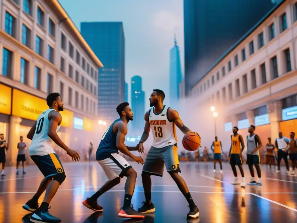 Intensidad y pasión en un juego de baloncesto callejero entre jóvenes urbanos en una plaza de la ciudad