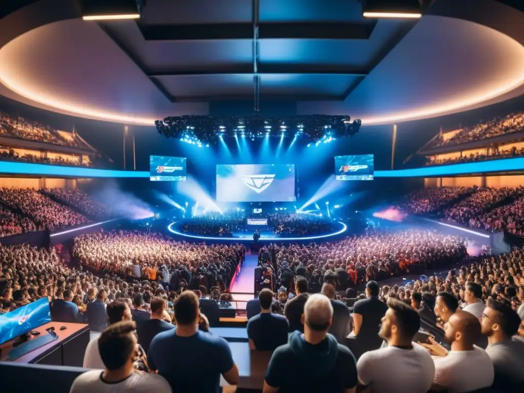 Intenso campeonato de eSports en un estadio lleno, con jugadores concentrados y público emocionado, reflejando la evolución de los eSports en culturas