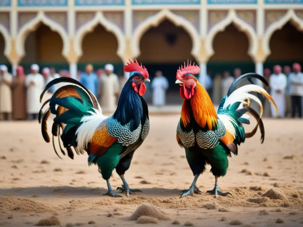 Intenso combate de gallos en un ring tradicional del Medio Oriente