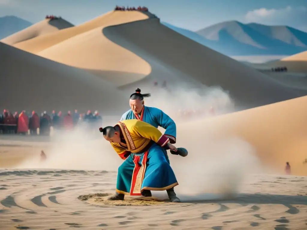 Intenso combate de lucha mongola en el desierto, con trajes tradicionales y una multitud animada