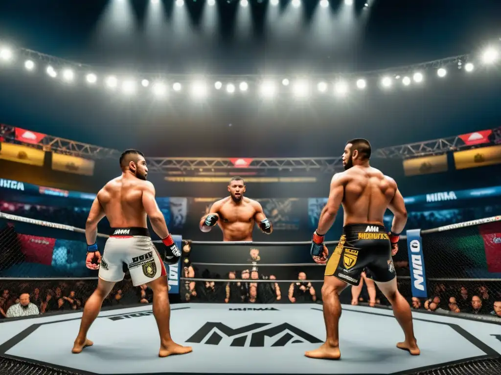 Intenso combate en un octágono durante evento de MMA en América del Sur, fusionando tradición y modernidad