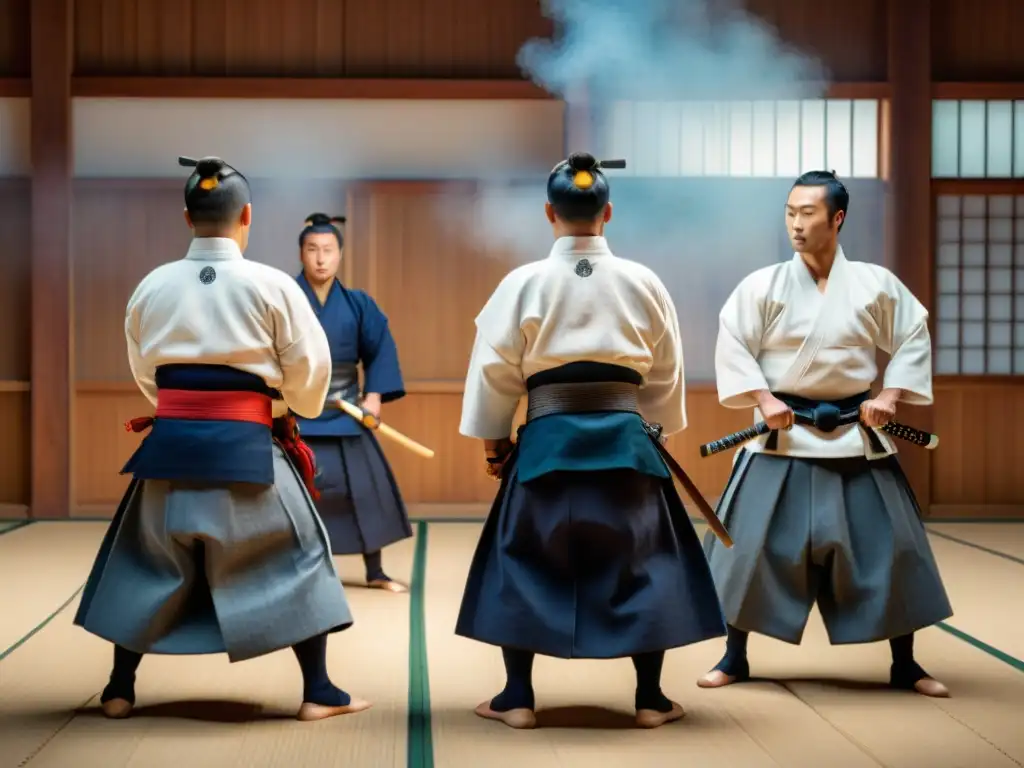 Práctica de Kendo en dojo japonés: tradición y disciplina Un intenso entrenamiento de Kendo en un dojo japonés, mostrando la tradición marcial y disciplina de esta práctica