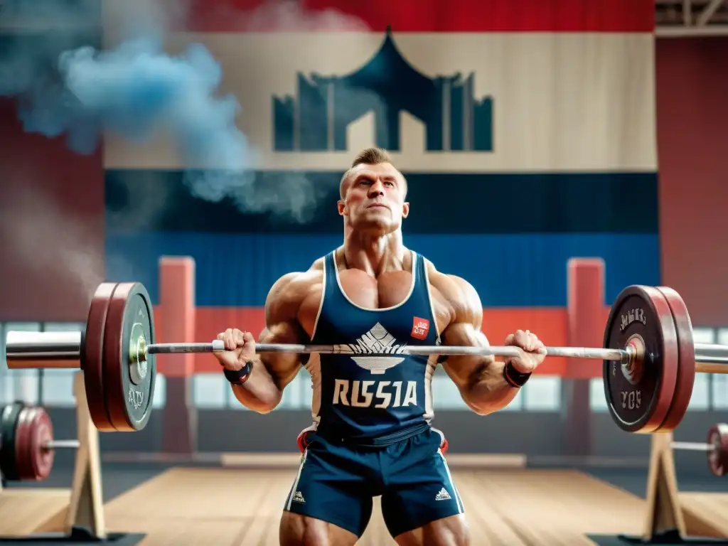 Intenso entrenamiento de levantamiento de pesas en un gimnasio histórico de Rusia, mostrando la tradición y la fuerza de los atletas rusos