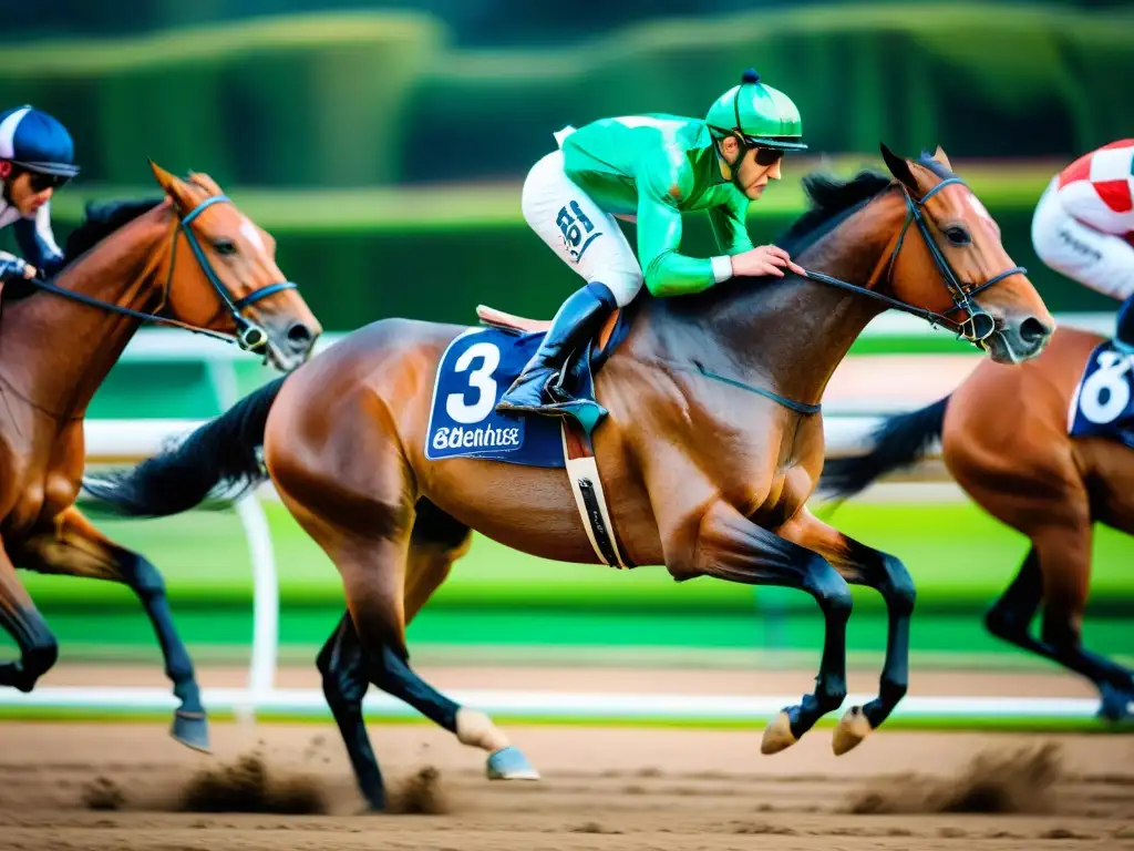 Intenso jinete y majestuoso caballo en carrera en Europa, mostrando emoción y velocidad