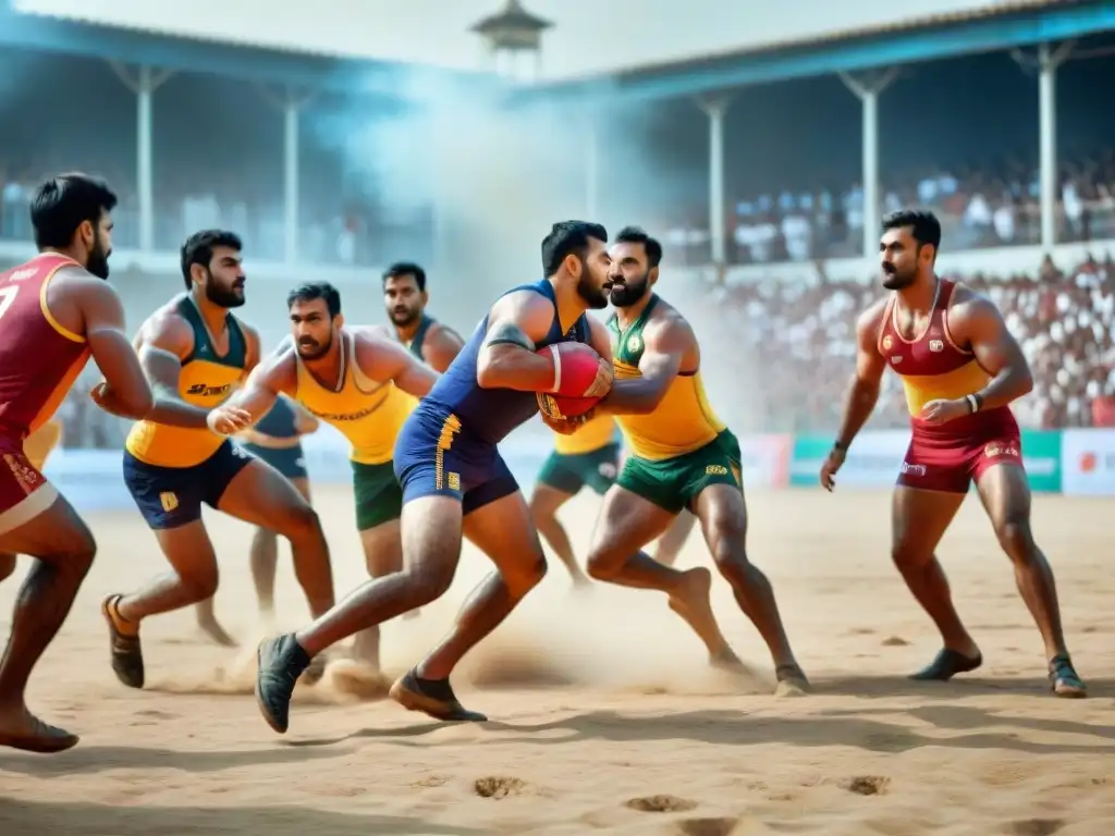 Un intenso juego de kabaddi en un campo polvoriento, con atletas enfocados y determinados, rodeados de espectadores animados